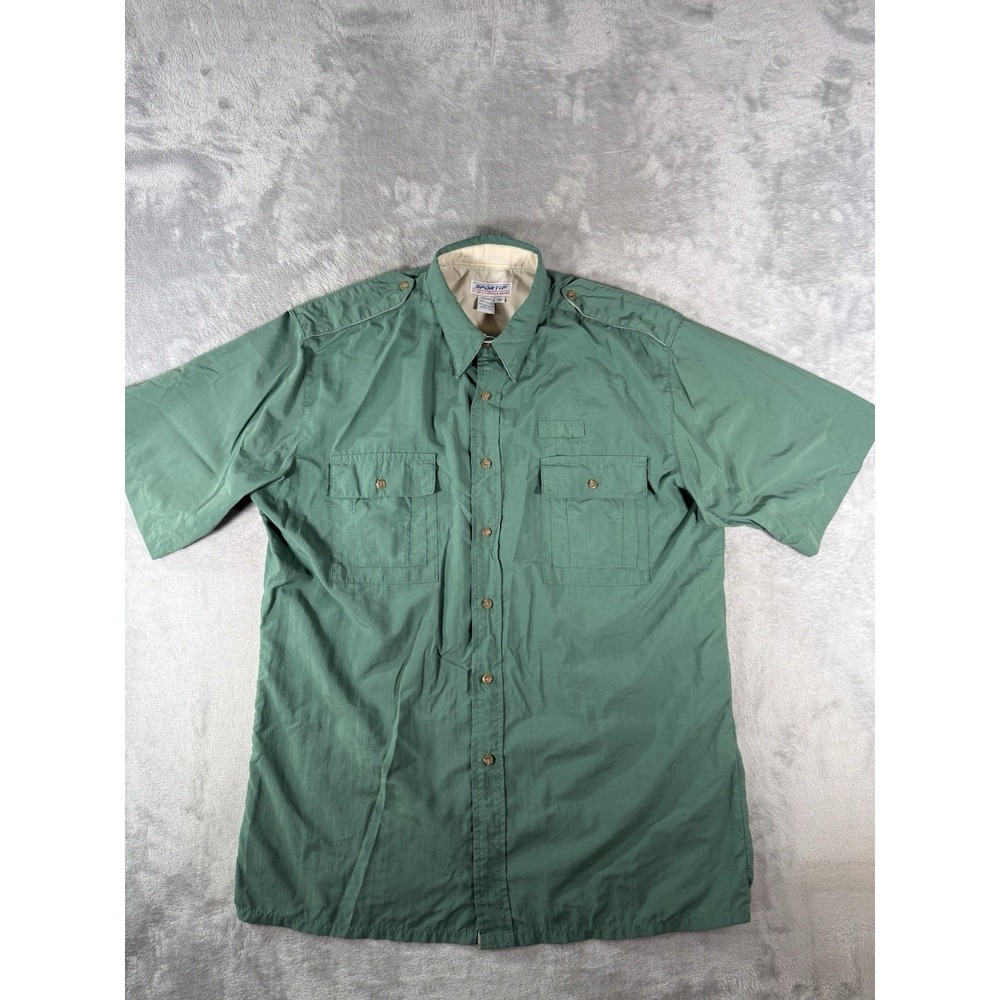 Sportif Shirt Men's Medium Green Short Sleeve Vented Nylon‎ Button Up Fishing